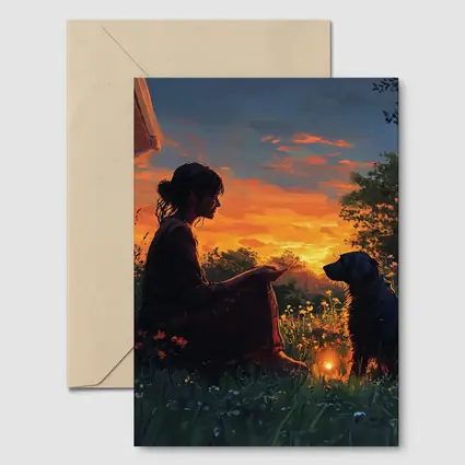 Woman and Dog at Fiery Sunset Garden