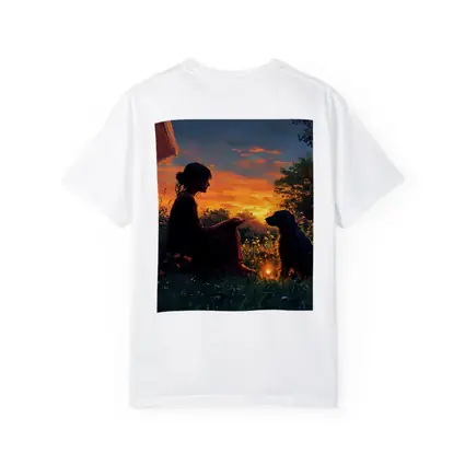 Woman and Dog at Fiery Sunset Garden