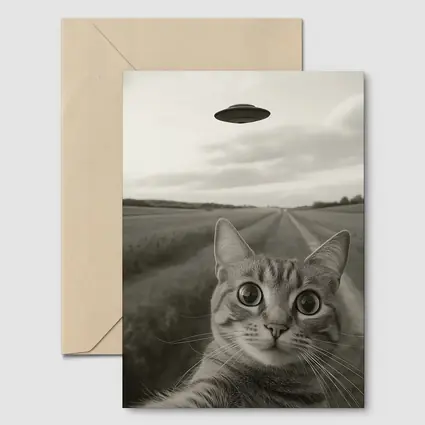 Cat Selfie UFO Flying Saucer Country Road