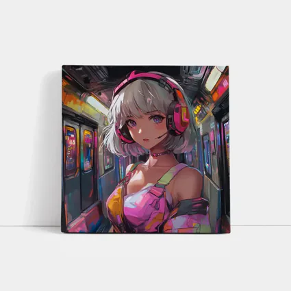 Anime Girl Headphones Neon Subway Train