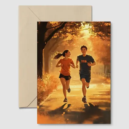 Two Teens Running Together Autumn Park