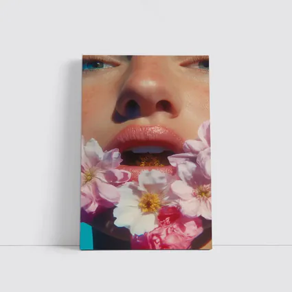 Woman Face Pink Flowers Close Up Portrait