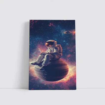 Astronaut Sitting on Planet Colorful Galaxy
