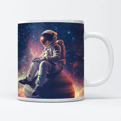 Astronaut Sitting on Planet Colorful Galaxy