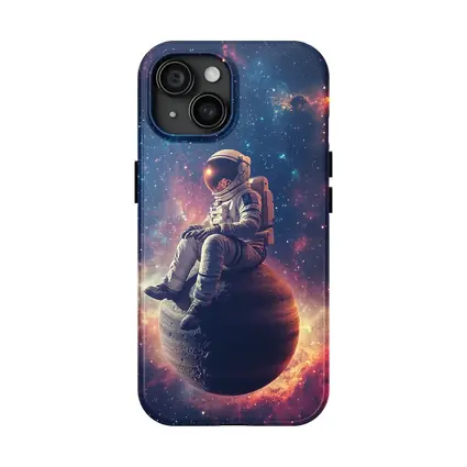 Astronaut Sitting on Planet Colorful Galaxy