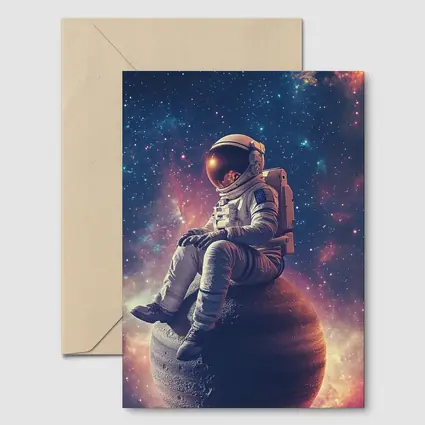 Astronaut Sitting on Planet Colorful Galaxy