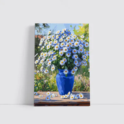 Daisy Bouquet Blue Vase Garden Setting