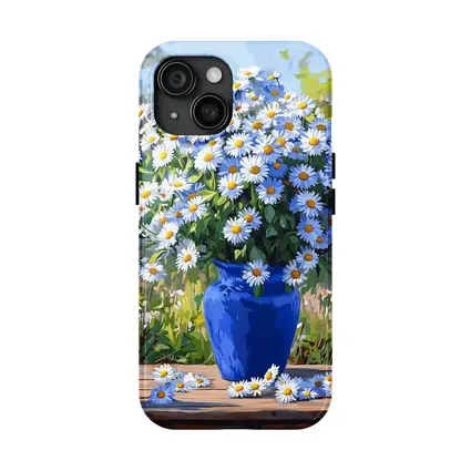 Daisy Bouquet Blue Vase Garden Setting