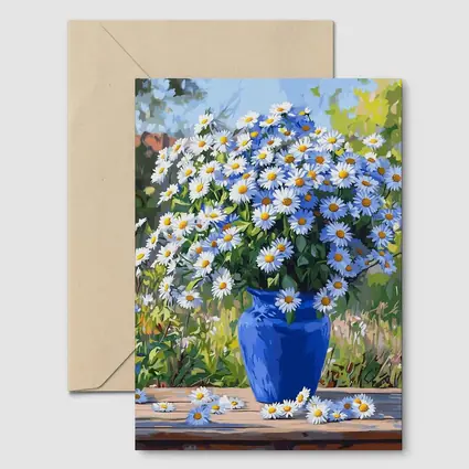 Daisy Bouquet Blue Vase Garden Setting