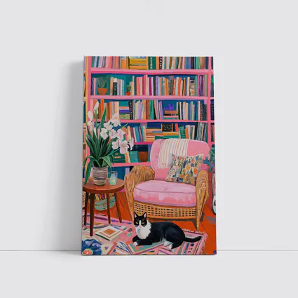 Tuxedo Cat Reading Room Colorful Bookshelf Art