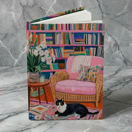 Tuxedo Cat Reading Room Colorful Bookshelf Art