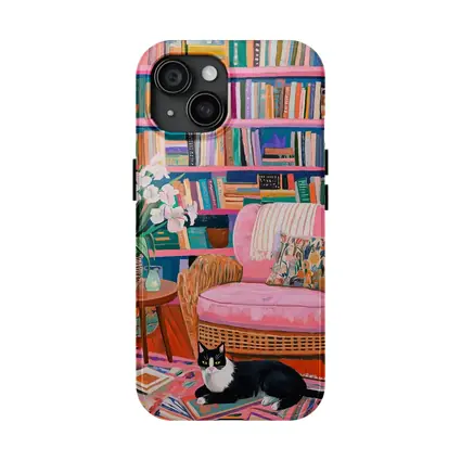 Tuxedo Cat Reading Room Colorful Bookshelf Art