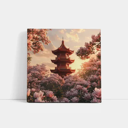 Red Pagoda Tower Pink Magnolia Blossoms Sunset