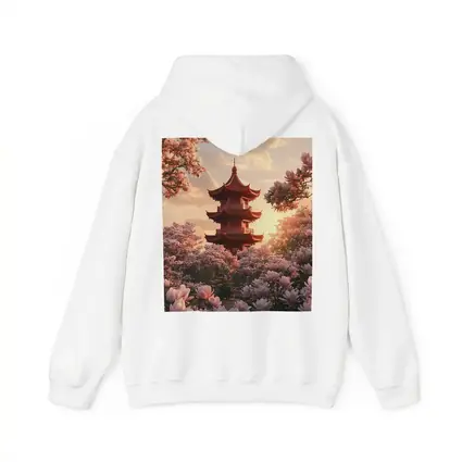 Red Pagoda Tower Pink Magnolia Blossoms Sunset
