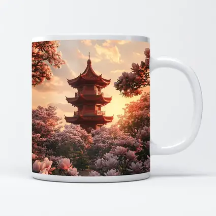 Red Pagoda Tower Pink Magnolia Blossoms Sunset