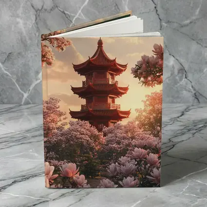 Red Pagoda Tower Pink Magnolia Blossoms Sunset
