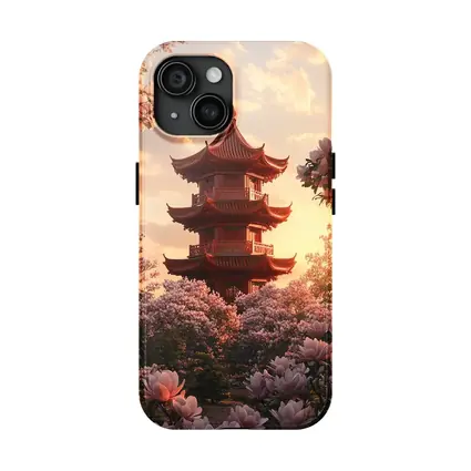 Red Pagoda Tower Pink Magnolia Blossoms Sunset