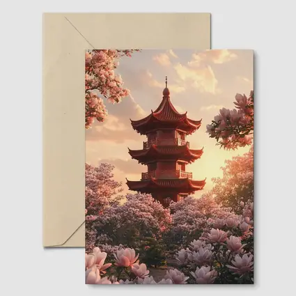 Red Pagoda Tower Pink Magnolia Blossoms Sunset