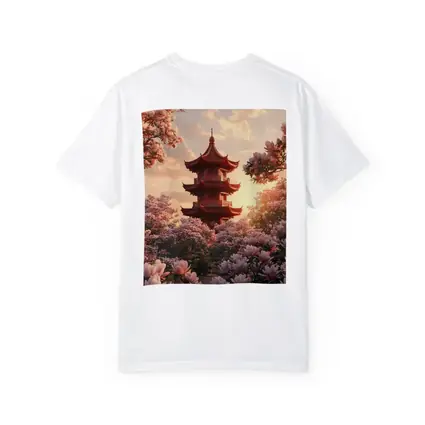 Red Pagoda Tower Pink Magnolia Blossoms Sunset