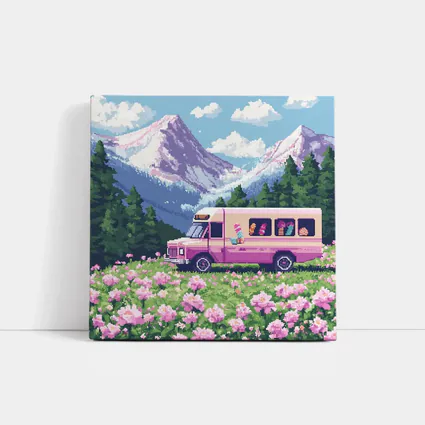 Pixel Art Pink Bus Mountain Flower Field