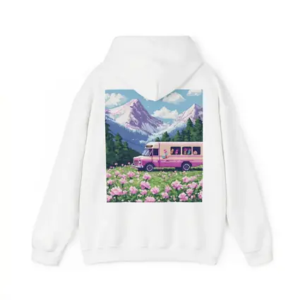 Pixel Art Pink Bus Mountain Flower Field