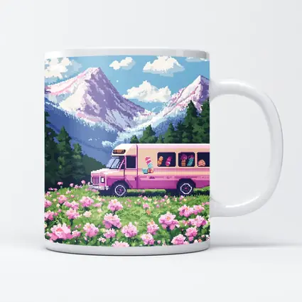 Pixel Art Pink Bus Mountain Flower Field
