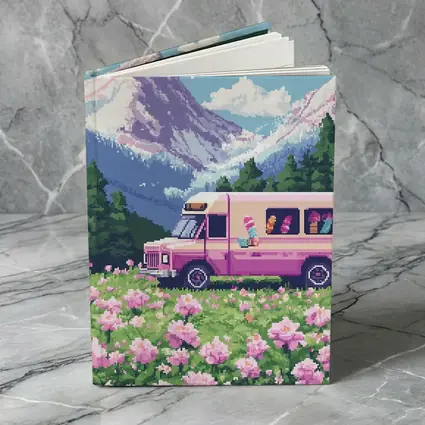 Pixel Art Pink Bus Mountain Flower Field