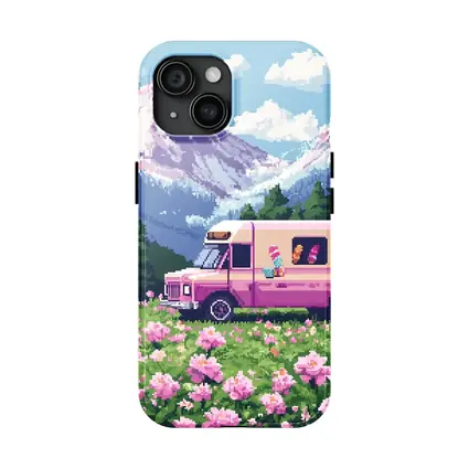 Pixel Art Pink Bus Mountain Flower Field