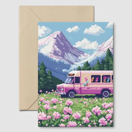 Pixel Art Pink Bus Mountain Flower Field