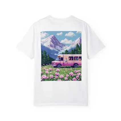 Pixel Art Pink Bus Mountain Flower Field