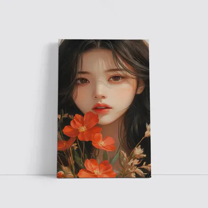 Asian Girl Portrait With Orange Wildflowers