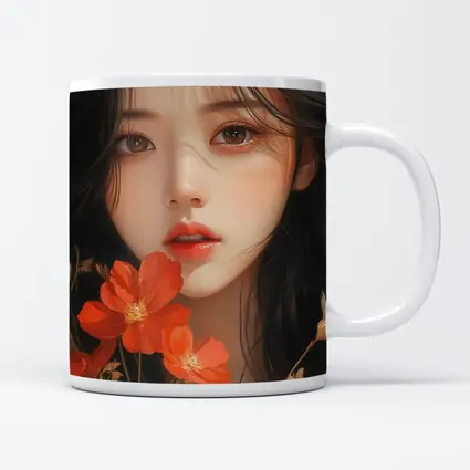 Asian Girl Portrait With Orange Wildflowers