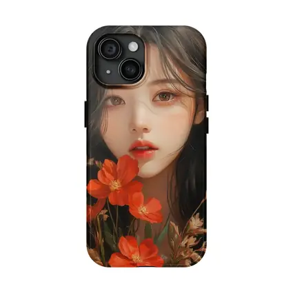 Asian Girl Portrait With Orange Wildflowers