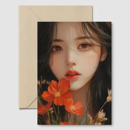 Asian Girl Portrait With Orange Wildflowers