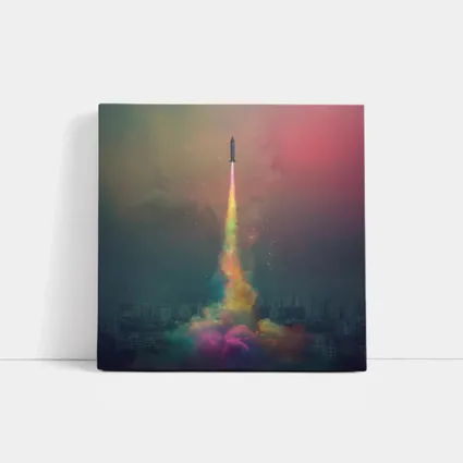 Rocket Launch Rainbow Trail Over City
