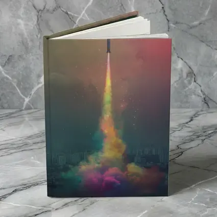 Rocket Launch Rainbow Trail Over City