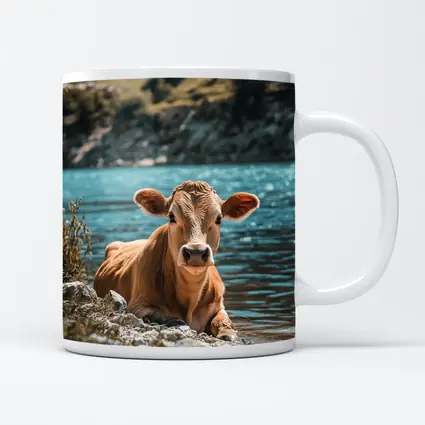 Young Calf Resting By Mountain Lake