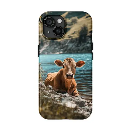 Young Calf Resting By Mountain Lake
