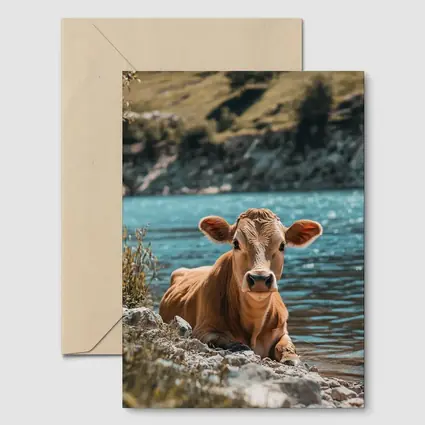 Young Calf Resting By Mountain Lake