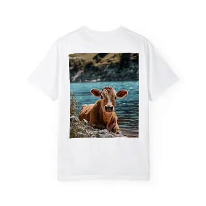 Young Calf Resting By Mountain Lake