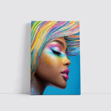 Rainbow Glitter Makeup Woman Blue Background