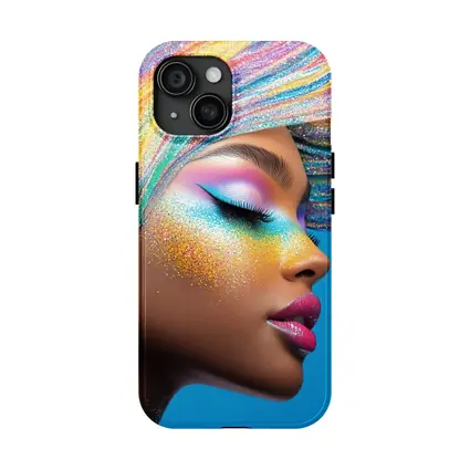 Rainbow Glitter Makeup Woman Blue Background