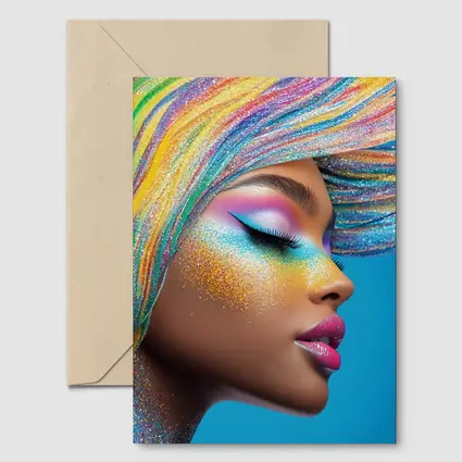 Rainbow Glitter Makeup Woman Blue Background