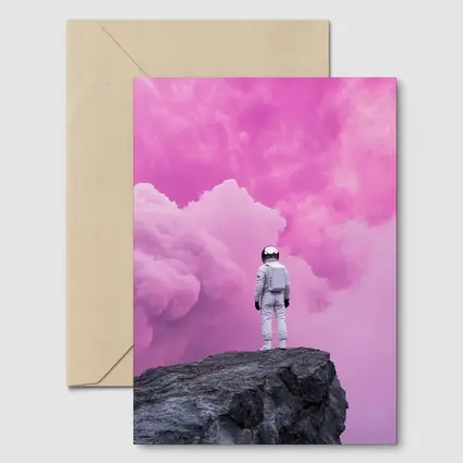 Astronaut Standing On Rock Pink Sky