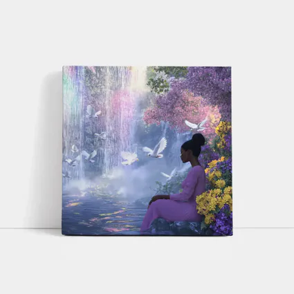 Woman Sitting by Waterfall With Doves