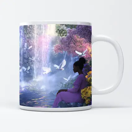 Woman Sitting by Waterfall With Doves