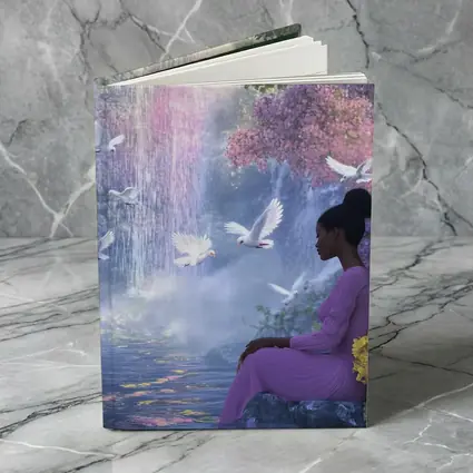 Woman Sitting by Waterfall With Doves