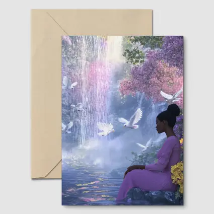 Woman Sitting by Waterfall With Doves