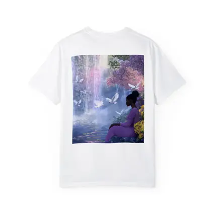 Woman Sitting by Waterfall With Doves