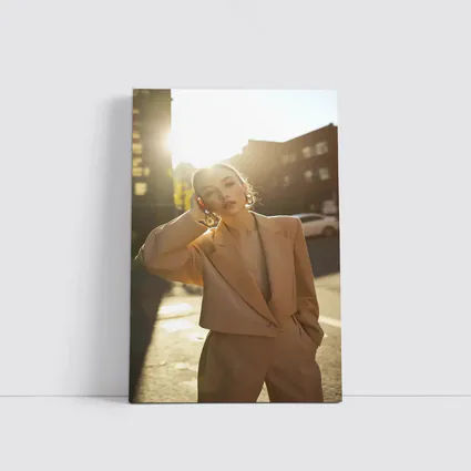 Woman Beige Suit Sunlit Urban Street